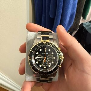 Bulova Men's Chronograph Silver Gold Tone Stainless Steel Date Watch 44MM 98B327